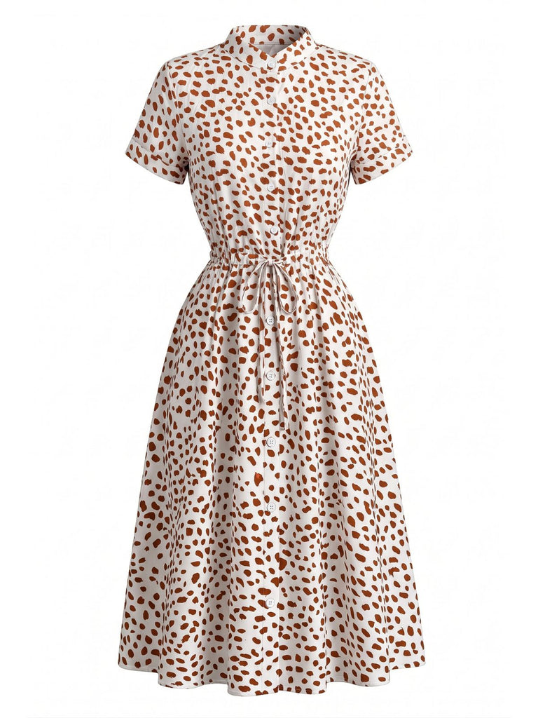 Robe Petites Fleurs Pois Ceinture Nouée Coton Chemise Années 1940 2