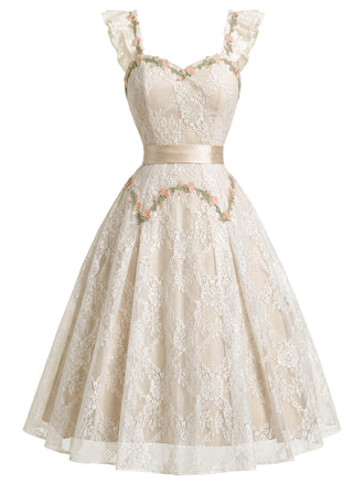 [Pre-Sale] Apricot 1970s Floral Lace Ruffle Dress 2