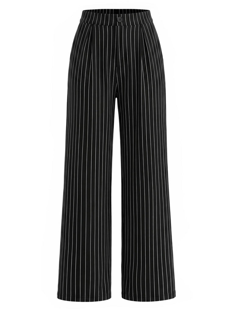 [Prévente] Pantalon à Taille Haute Tricoté à Fines Rayures Jambes Larges Noir Années 1930