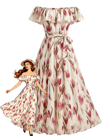 Robe Tulipe Floral Épaules Dénudées Volant Ceinturé Évasé Années 1930