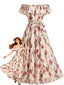 Robe évasée motif floral tulipes épaules dénudées volants et ceinture années 30