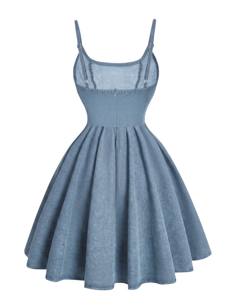 Robe Bleu Claire Bretelles Fines Corset Denim Années 1950
