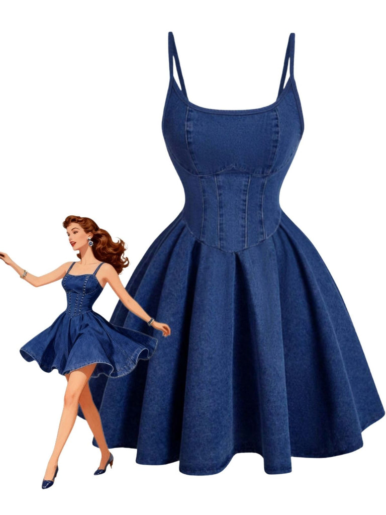 Robe Bleu Bretelles Fines Corset Denim Années 1950