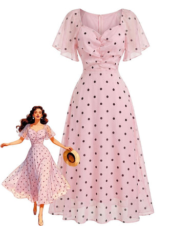 Robe midi rose pois manches bouffantes et décolleté cœur années 40