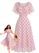 Robe midi rose pois manches bouffantes et décolleté cœur années 40