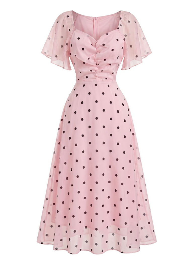 Robe midi rose pois manches bouffantes et décolleté cœur années 40