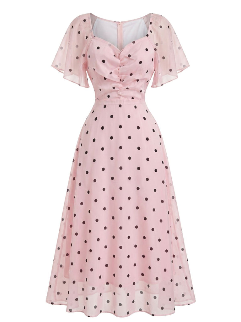 Robe Rose à Pois Manches Bouffantes Cœur Midi Années 1940 2