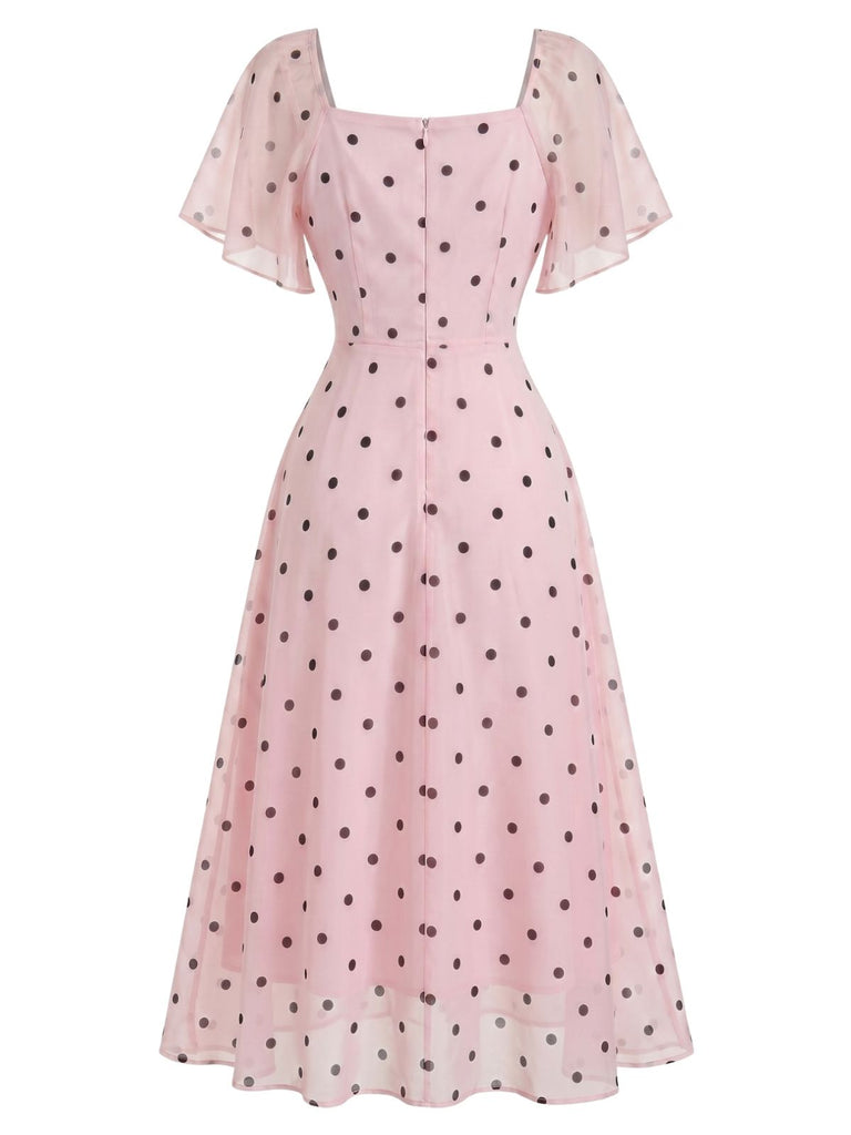 Robe Rose à Pois Manches Bouffantes Cœur Midi Années 1940 3