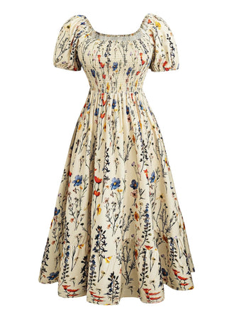 [Grande Taille] Grande Taille [] Floral Imprimé Manches Bouffantes Smocké Ligne A Années 1940