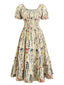 [Grande Taille] Robe Imprimé Floral Manches Bouffantes Smocké Années 1940