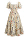 [Grande Taille] Grande Taille [] Floral Imprimé Manches Bouffantes Smocké Ligne A Années 1940 2