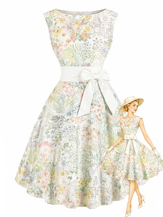 [Prévente] Robe Rockabilly Sans Manches Floral Aquarelle Chartreuse Années 1950