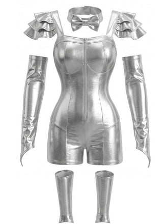 Ensemble body argenté métallique brillant et futuriste d’Halloween années 1950