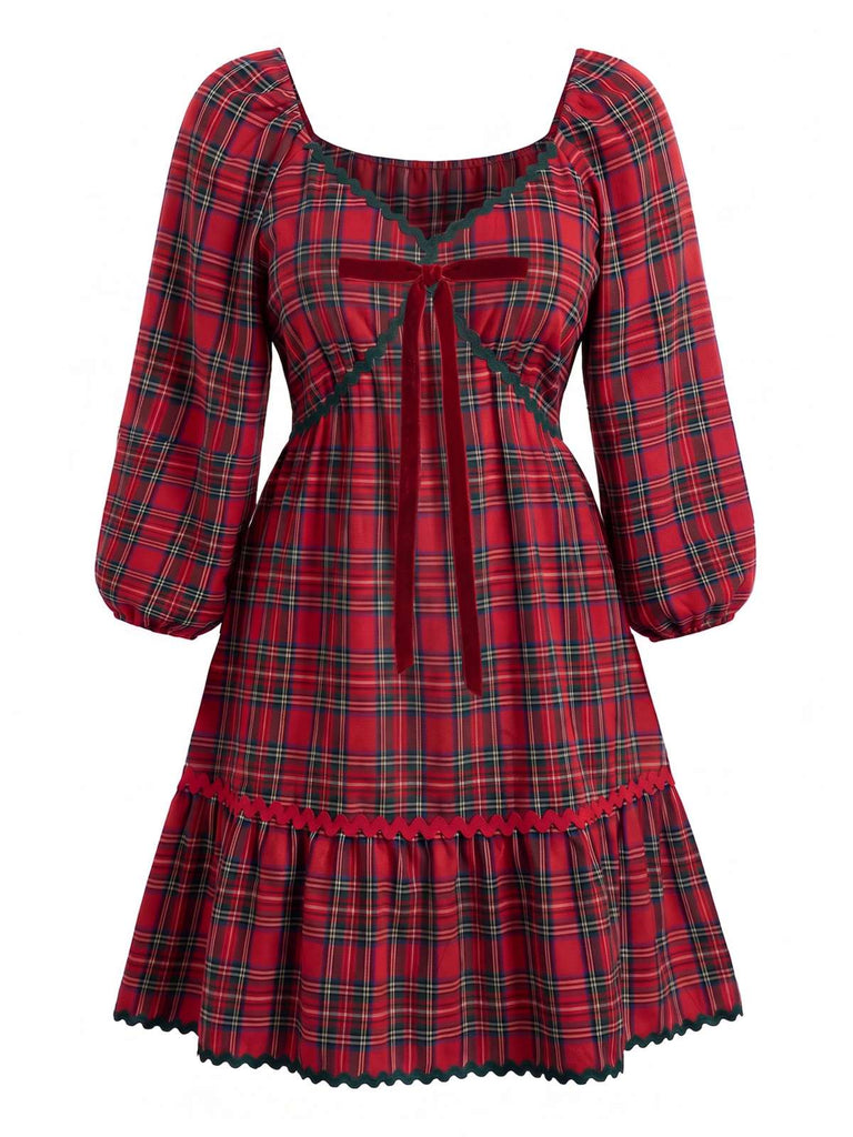 [Grande Taille] Robe évasée rouge motif écossais col V et nœud la taille années 50
