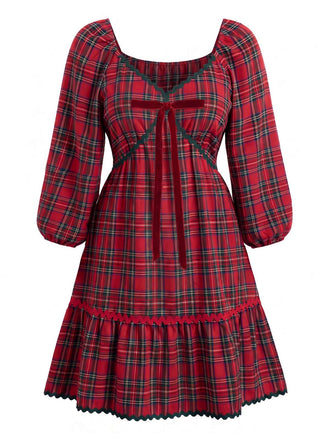 [Grande Taille] Robe évasée rouge motif écossais col V et nœud la taille années 50