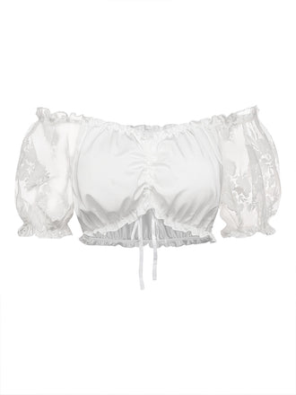 Top court blanc en dentelle froncée à manches bouffantes années 1950