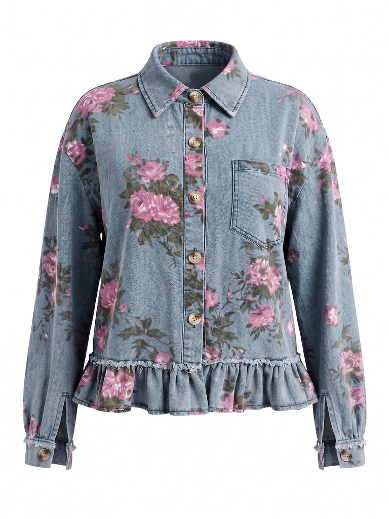 Veste Bleu Floral Denim Volant Ourlet Années 1950
