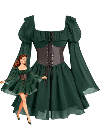 Robe Halloween Col Carré Flare Manches Ceinturé Umbrella Années 1950