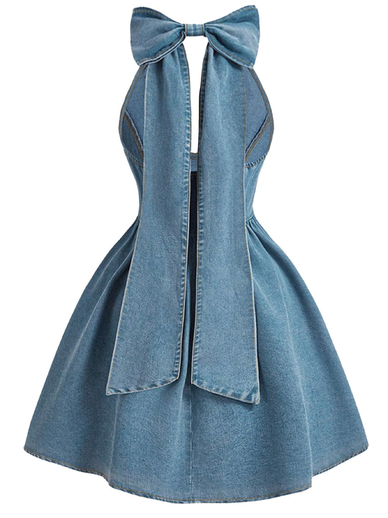 Robe Bleu Dos Nu Nœud Denim Années 1950 3