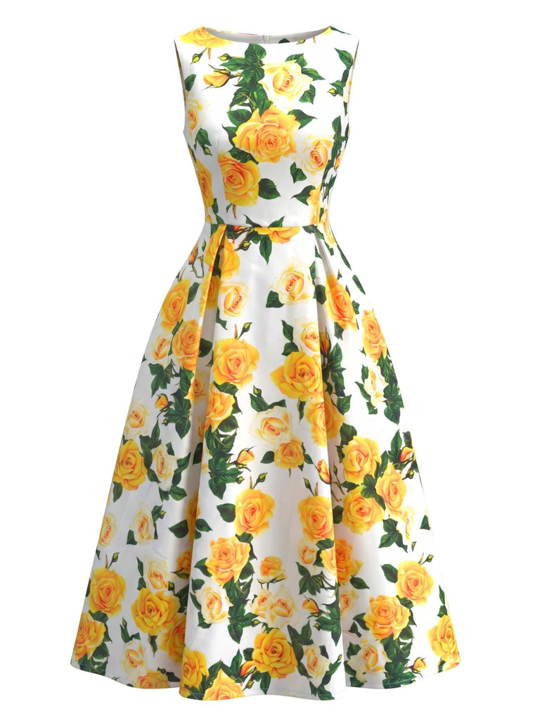 Robe Watercolor Floral Sans Manches Midi Années 1940 8