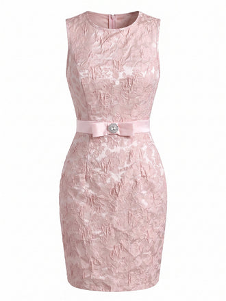 Robe Rose Jacquard Imprimé Nœud Sans Manches Crayon Années 1960 2