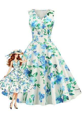 Robe Sans Manches Floral Surplis Évasé Années 1950