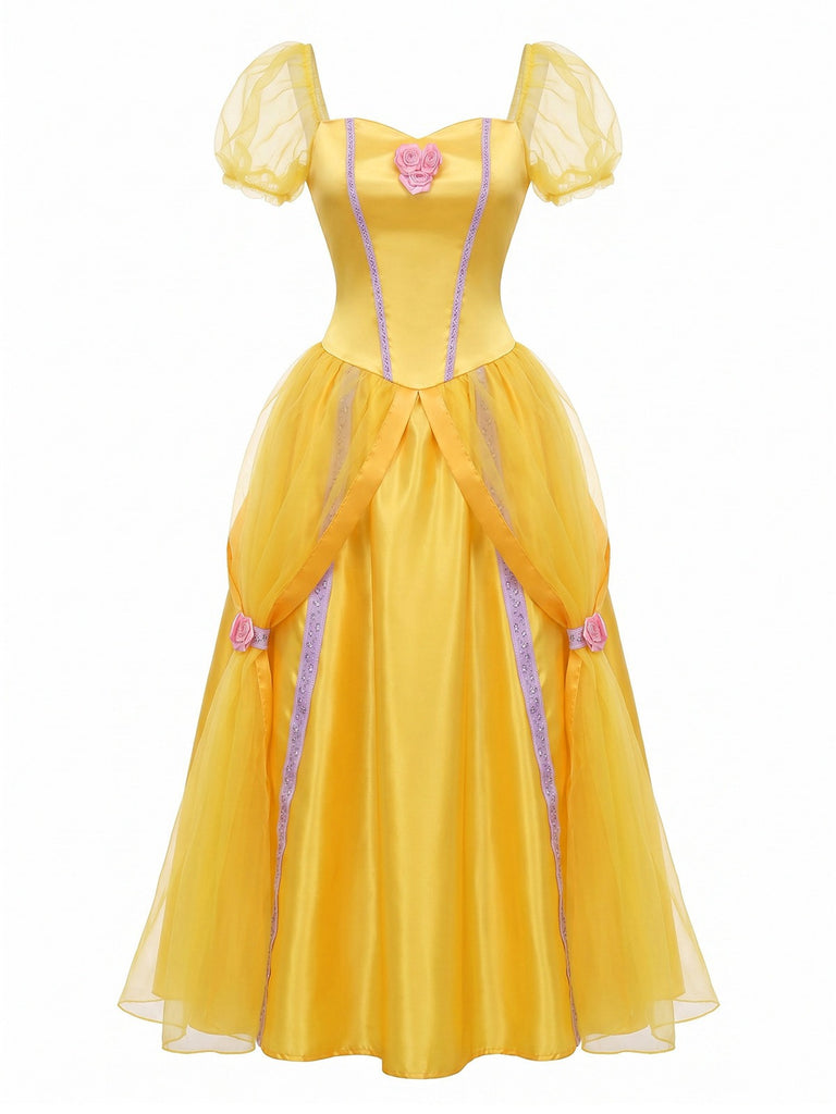 Robe Princesse Jaune Avec Gants Longs Cosplay Belle Années 1970