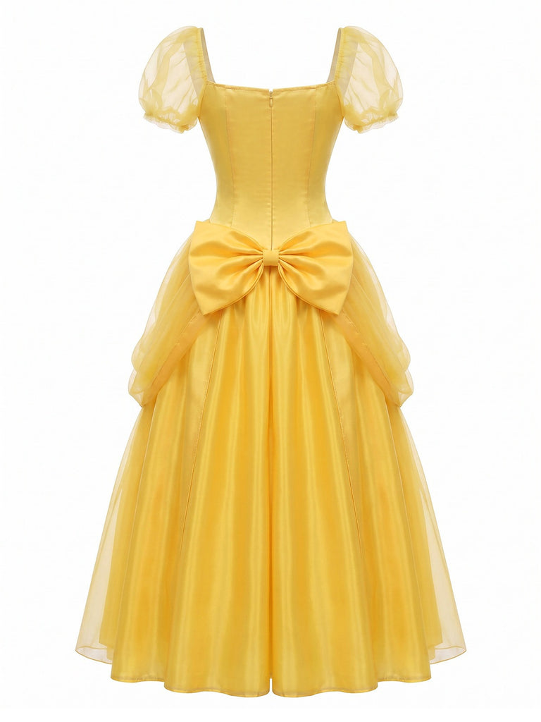 Robe Princesse Jaune Avec Gants Longs Cosplay Belle Années 1970