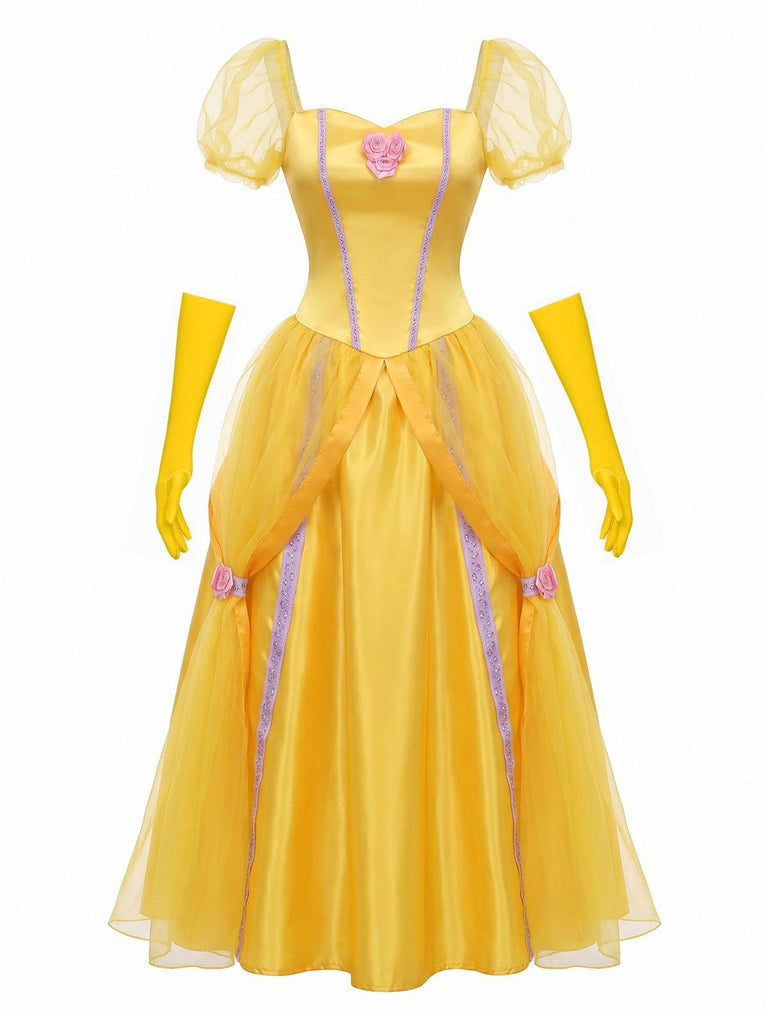 Robe Princesse Jaune Avec Gants Longs Cosplay Belle Années 1970