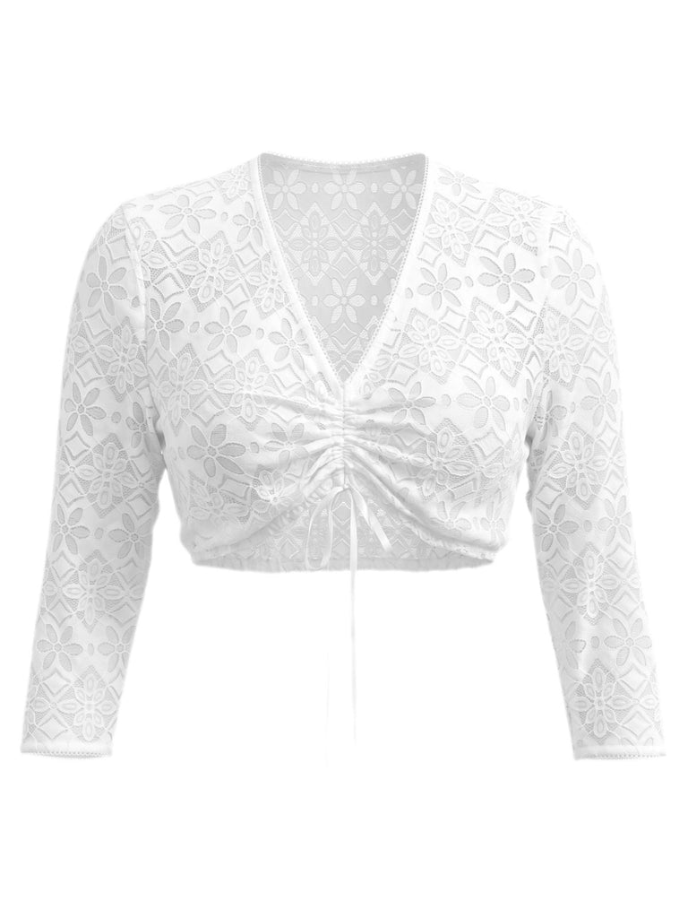 Top Court Froncé en Dentelle à Col V Transparent Blanc Années 1950