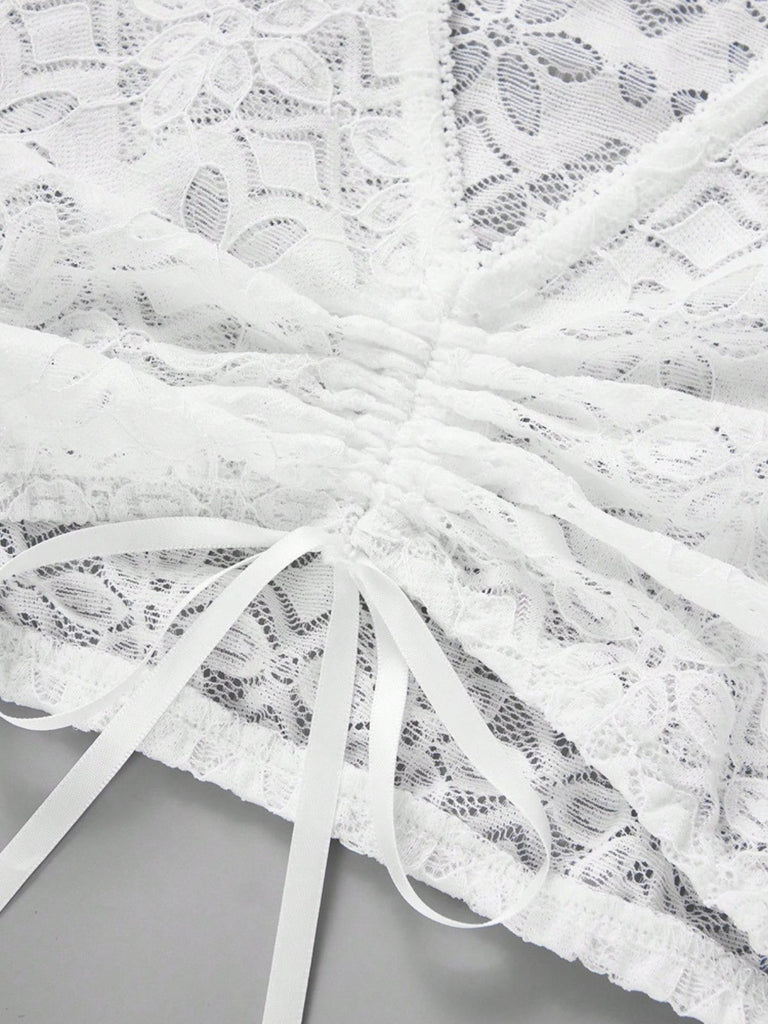 Robe à Col Carré en Velours à Pois et Tablier et Top en Dentelle Prune Années 1950