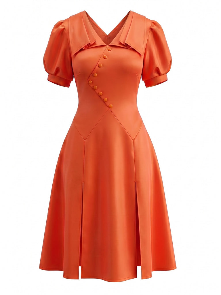 Robe Orange Éclaboussures Manches Bouffantes Années 1950