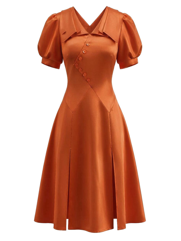 Robe Orange Éclaboussures Manches Bouffantes Années 1950