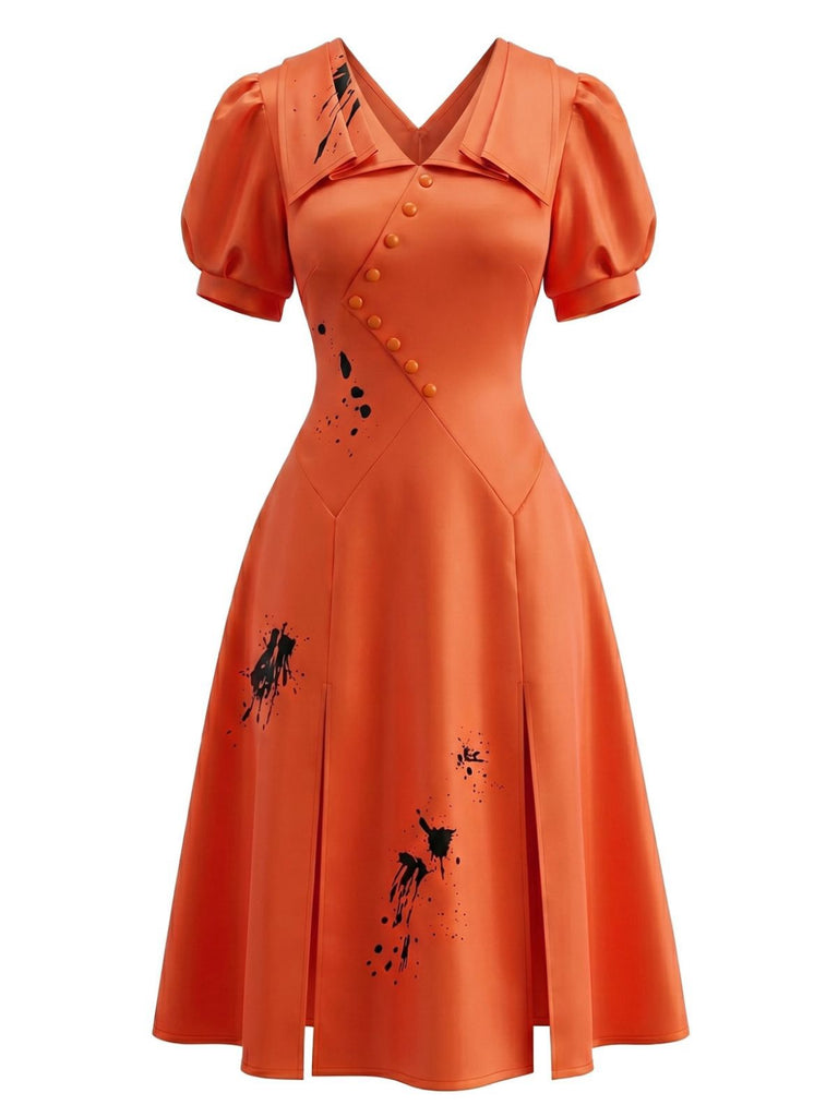 Robe Orange Éclaboussures Manches Bouffantes Années 1950