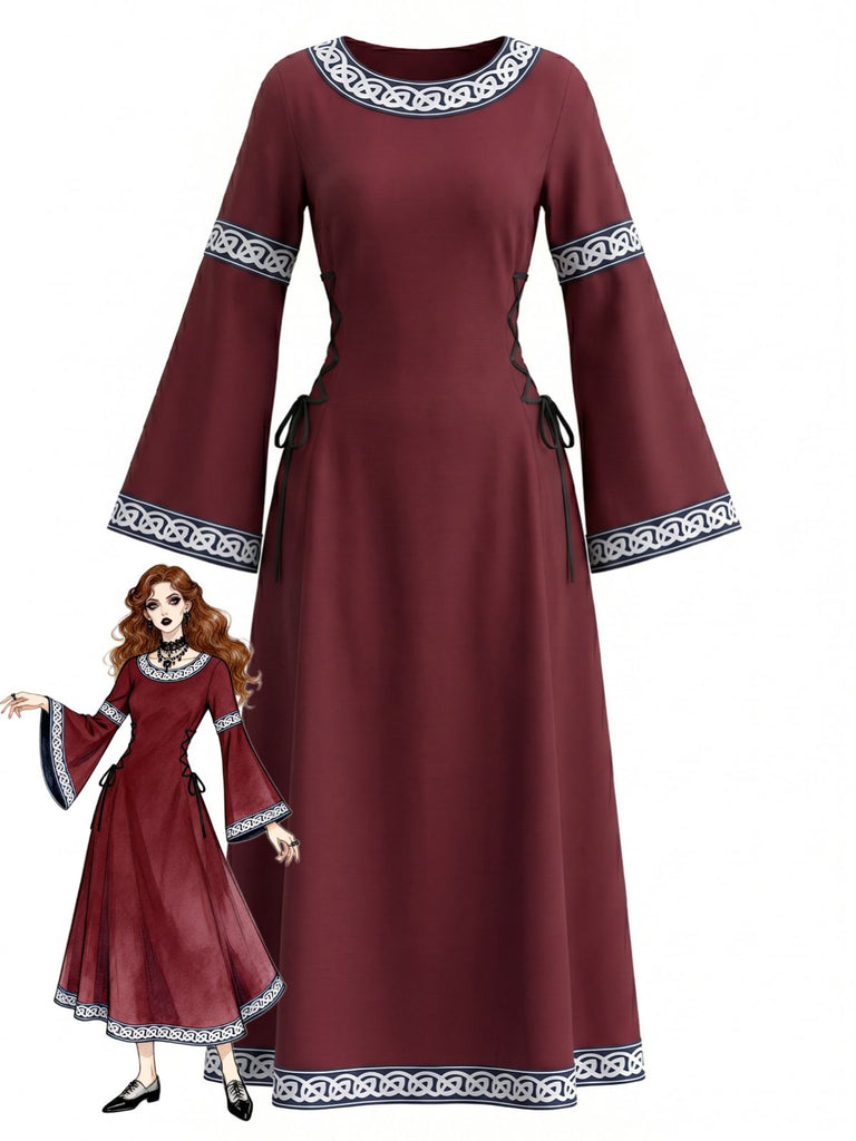 Robe médiévale Renaissance à col rond et manches cloche années 1930
