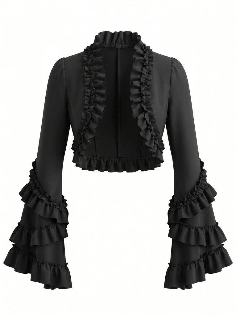 Veste gothique noire à volants et manches longues pour Halloween années 1950