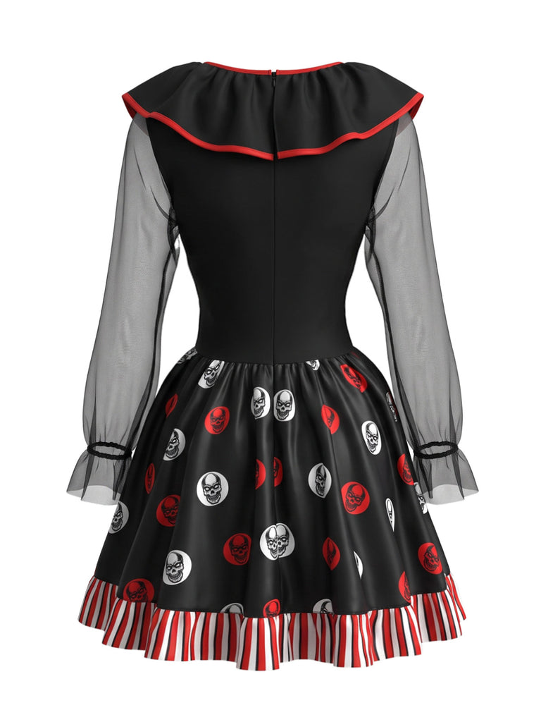 Robe costume noire de clown d’Halloween à crânes et rayures années 1950