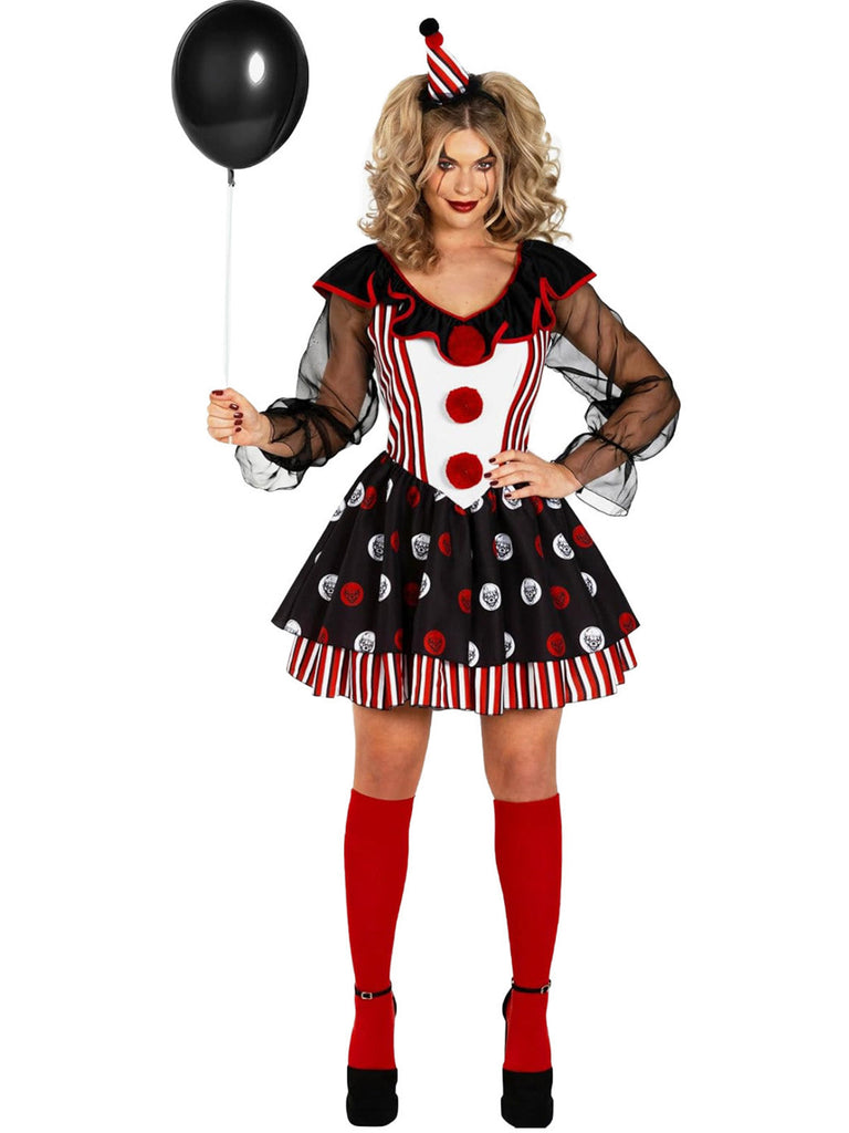 Robe costume noire de clown d’Halloween à crânes et rayures années 1950