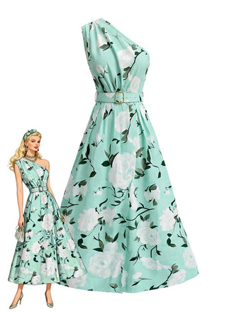 Robe Florale Asymétrique Sans Manches Verte Années 1950