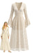 Robe longue beige en dentelle à manches cloche et taille froncée années 1970