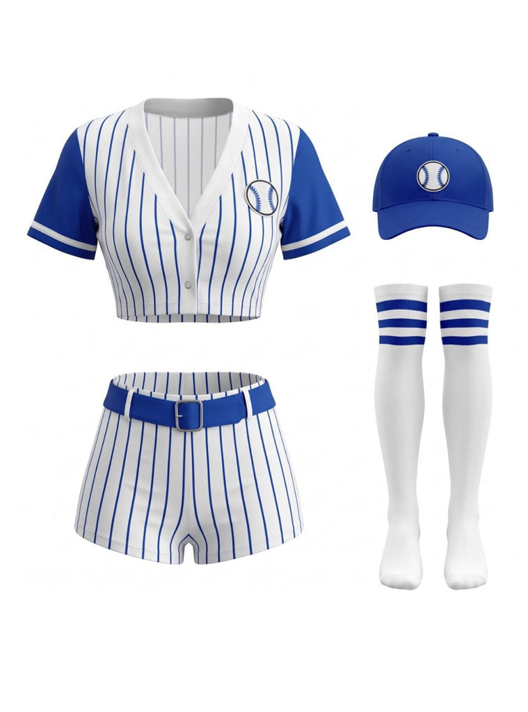 Ensemble costume de joueur de baseball à fines rayures avec chapeau et chaussettes années 1970