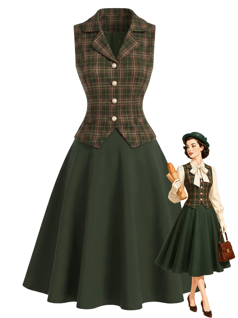 [Prévente] Ensemble 2PCS vert à carreaux avec gilet et jupe en A Années 1940