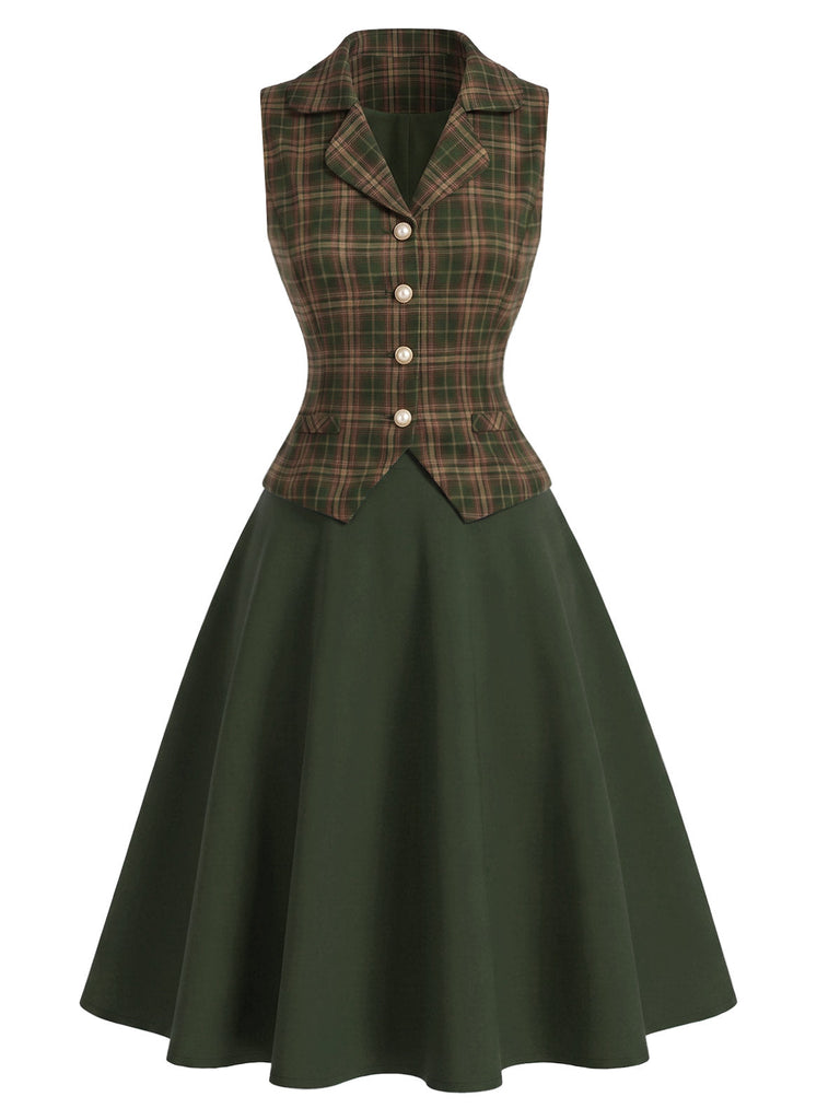 [Prévente] Ensemble 3PCS avec blouse à col lavallière, gilet à carreaux et jupe en A Années 1940