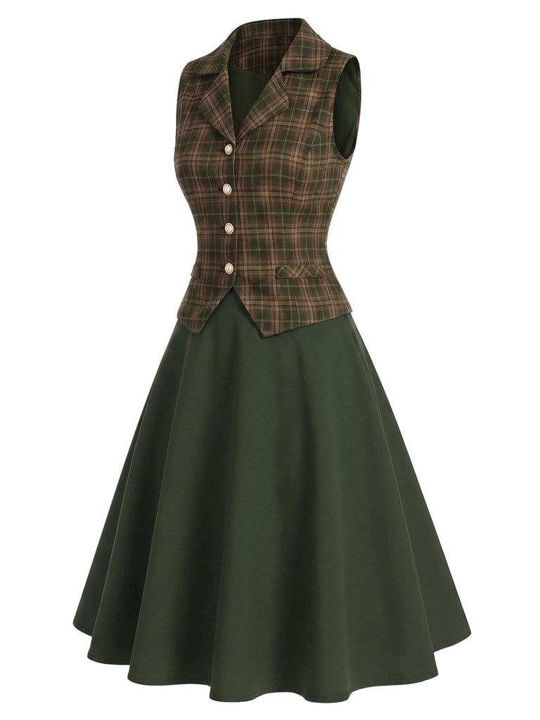 [Prévente] Ensemble 3PCS avec blouse à col lavallière, gilet à carreaux et jupe en A Années 1940