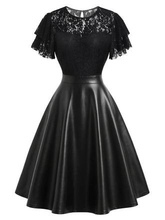 [Prévente] Robe noire en dentelle et similicuir à col rond années 1950