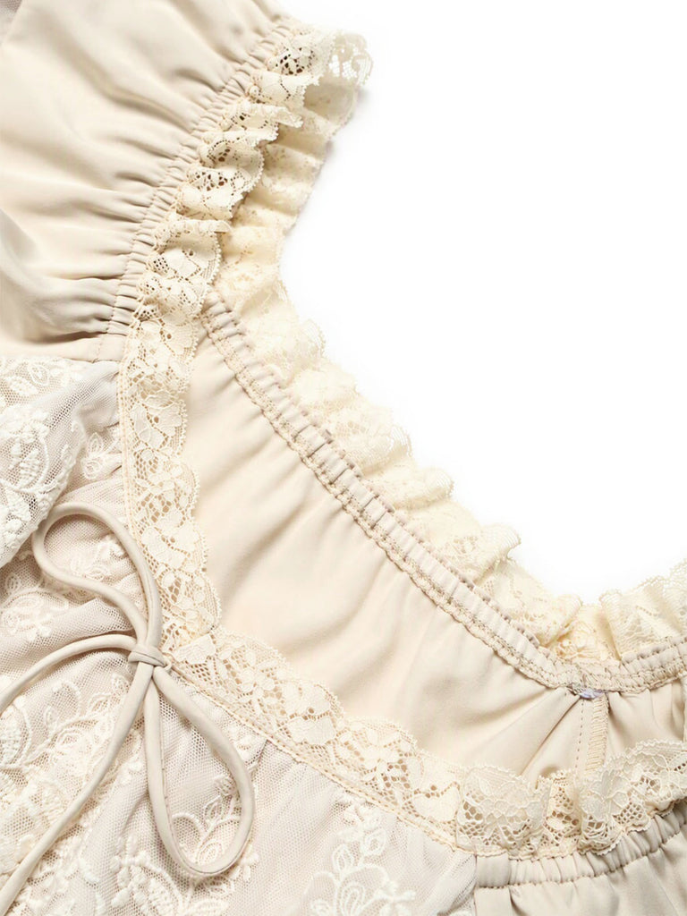 [Prévente] 2PCS Beige Off‑Shoulder Dentelle Volant Top et Asymétrique Jupe Années 1970