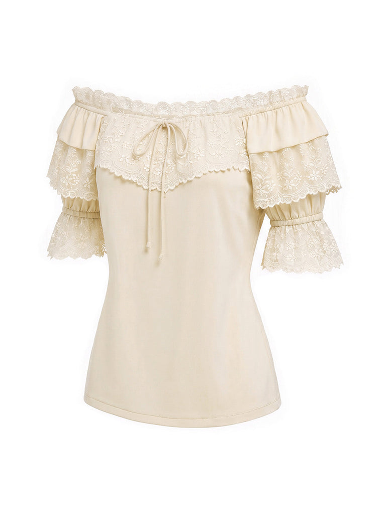 [Prévente] 2PCS Beige Off‑Shoulder Dentelle Volant Top et Asymétrique Jupe Années 1970