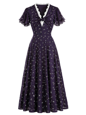 [Prévente] Robe violet foncé à fleurs, col V et bordure en dentelle années 1930