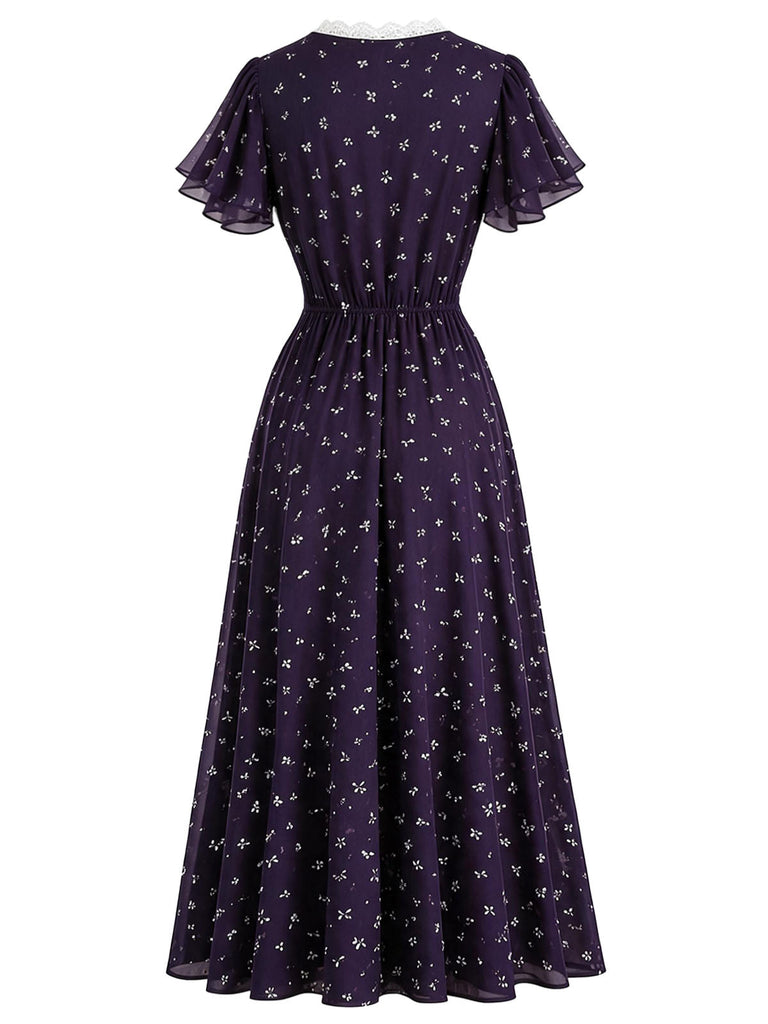 [Prévente] Robe violet foncé à fleurs, col V et bordure en dentelle années 1930