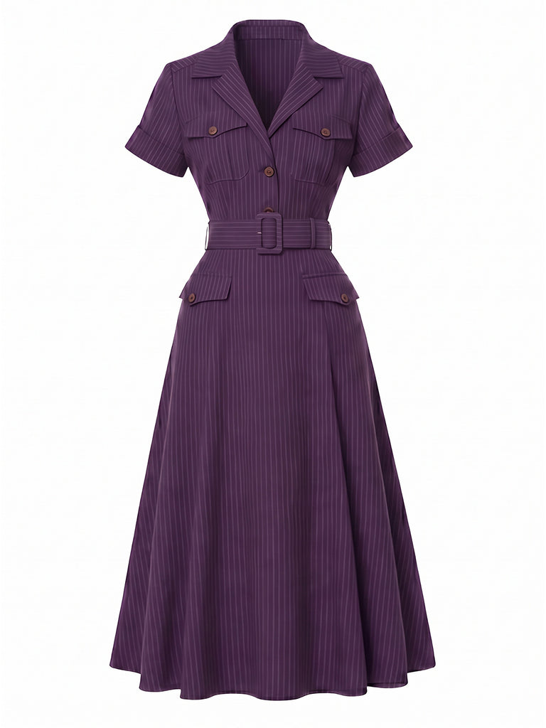 Robe violet foncé rayures fines col chemise et ceinture années 40